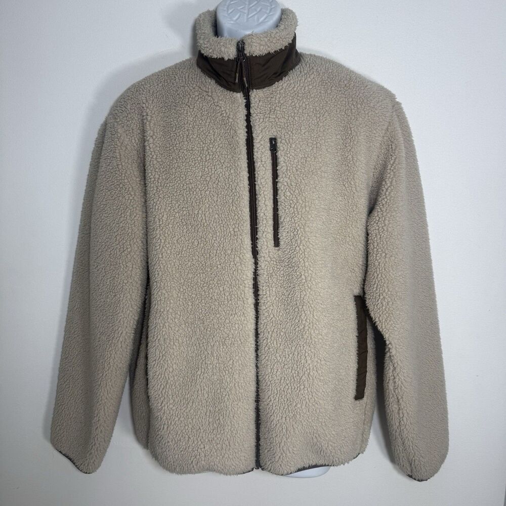 Uniqlo Men Medium Windproof Outer Beige Fleece Sherpa Jacket Full Zip